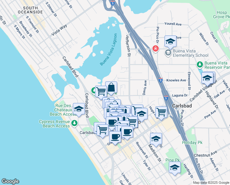 map of restaurants, bars, coffee shops, grocery stores, and more near 655 Laguna Drive in Carlsbad