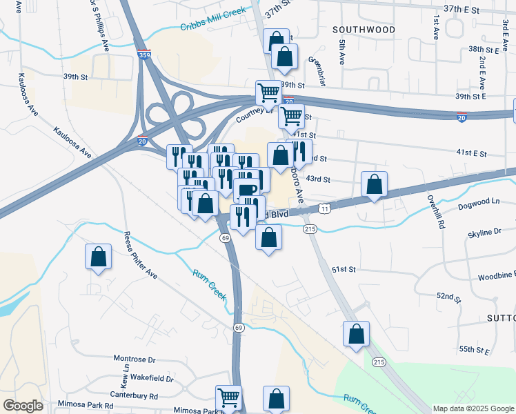 map of restaurants, bars, coffee shops, grocery stores, and more near U.S. 11 in Tuscaloosa