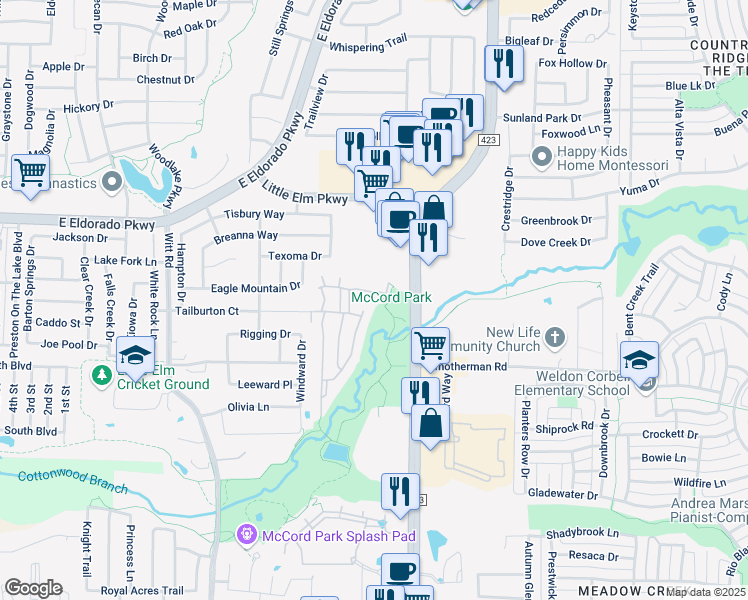 map of restaurants, bars, coffee shops, grocery stores, and more near 2050 Farm to Market Road 423 in Little Elm