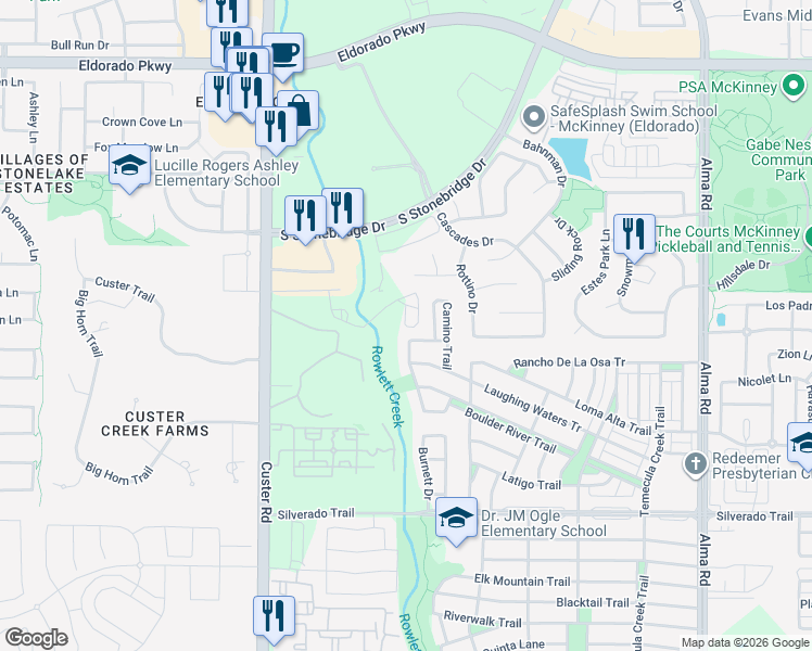map of restaurants, bars, coffee shops, grocery stores, and more near 3604 Blanco Creek Trail in McKinney
