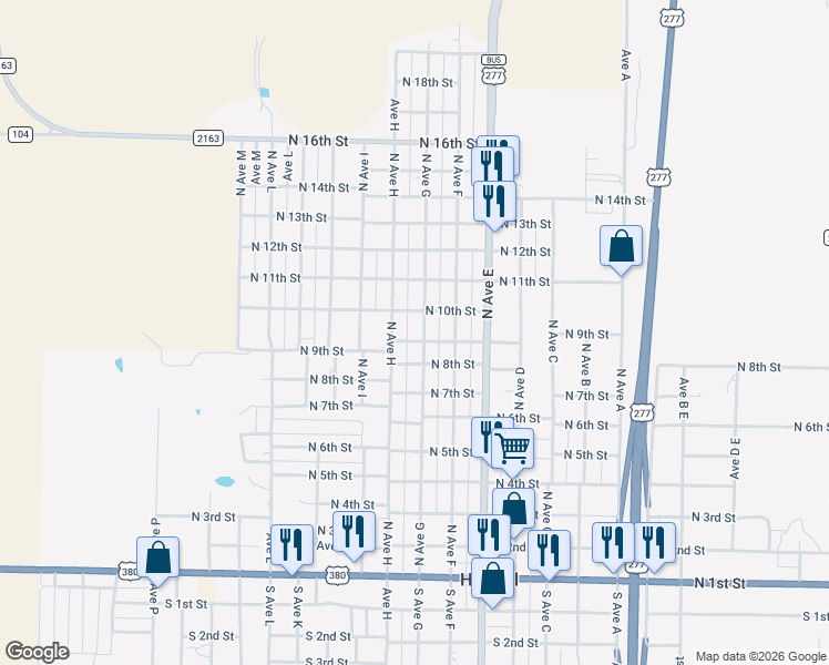 map of restaurants, bars, coffee shops, grocery stores, and more near 805 North Avenue G in Haskell