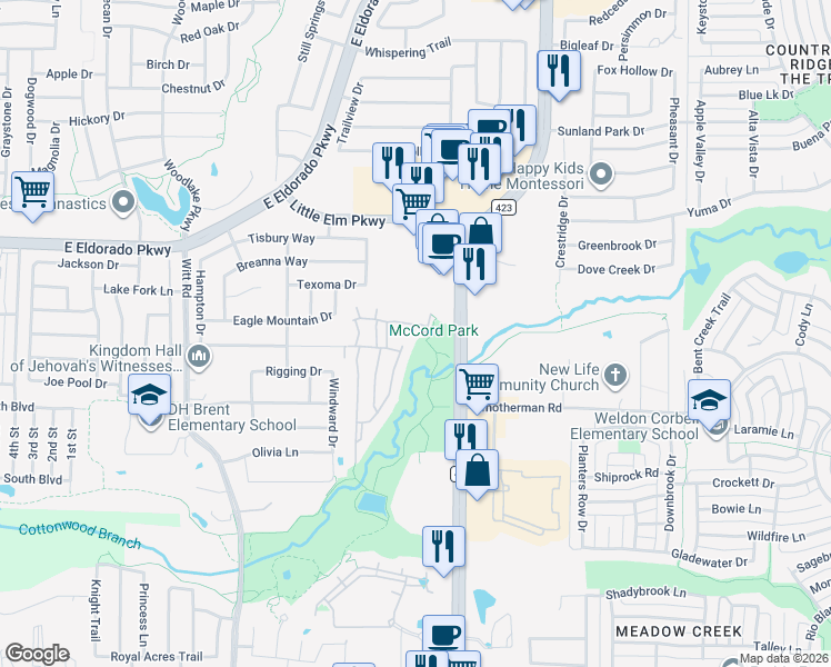 map of restaurants, bars, coffee shops, grocery stores, and more near 2050 Farm to Market Road 423 in Little Elm