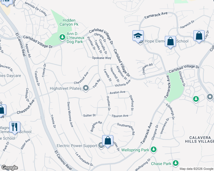 map of restaurants, bars, coffee shops, grocery stores, and more near 2736 Victoria Avenue in Carlsbad