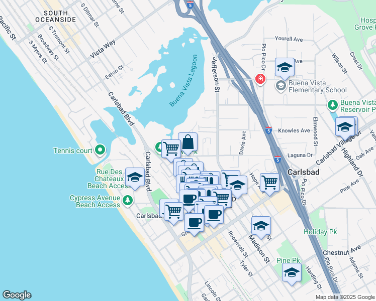 map of restaurants, bars, coffee shops, grocery stores, and more near 655 Laguna Drive in Carlsbad