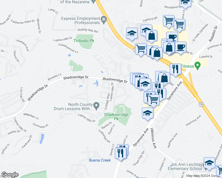 map of restaurants, bars, coffee shops, grocery stores, and more near 2042 Cottage Way in Vista