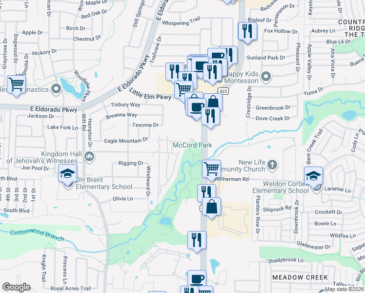 map of restaurants, bars, coffee shops, grocery stores, and more near 3316 Biggs Ave in Krugerville