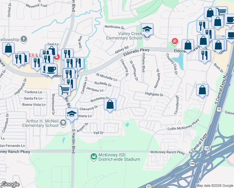 map of restaurants, bars, coffee shops, grocery stores, and more near 2713 Cheverny Drive in McKinney