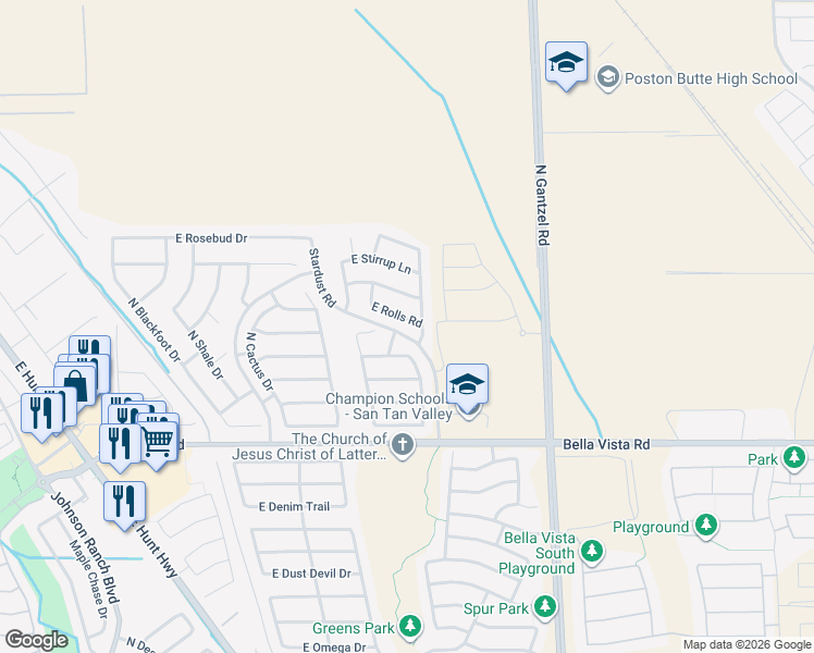 map of restaurants, bars, coffee shops, grocery stores, and more near 1487 East Desert Holly Drive in Queen Creek