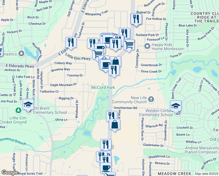 map of restaurants, bars, coffee shops, grocery stores, and more near 2052 Farm to Market Road 423 in Little Elm