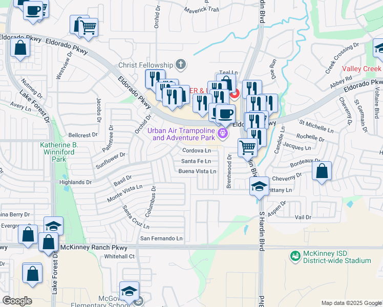 map of restaurants, bars, coffee shops, grocery stores, and more near 4427 Cordova Lane in McKinney