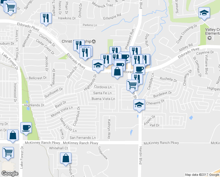 map of restaurants, bars, coffee shops, grocery stores, and more near 4409 Cordova Lane in McKinney