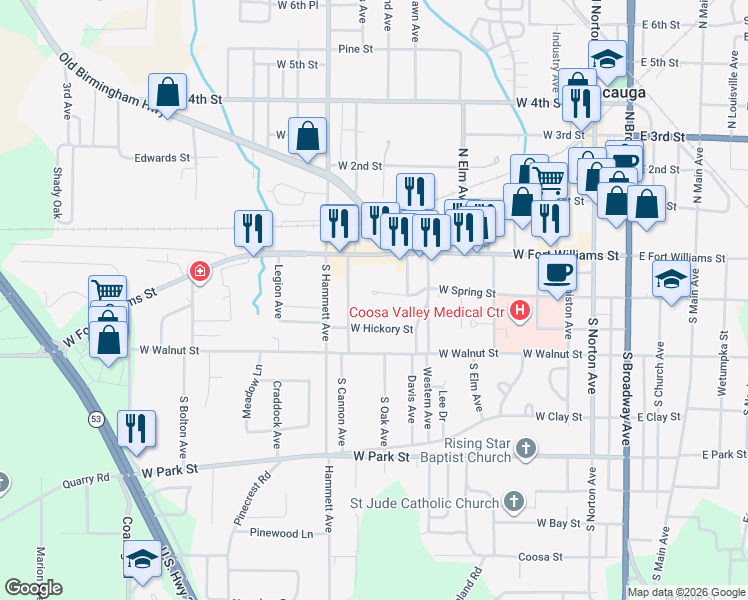 map of restaurants, bars, coffee shops, grocery stores, and more near 708 West Hickory Street in Sylacauga