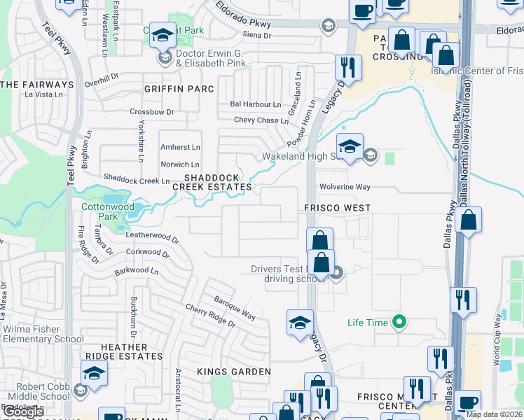 map of restaurants, bars, coffee shops, grocery stores, and more near 4149 Glenhurst Lane in Frisco