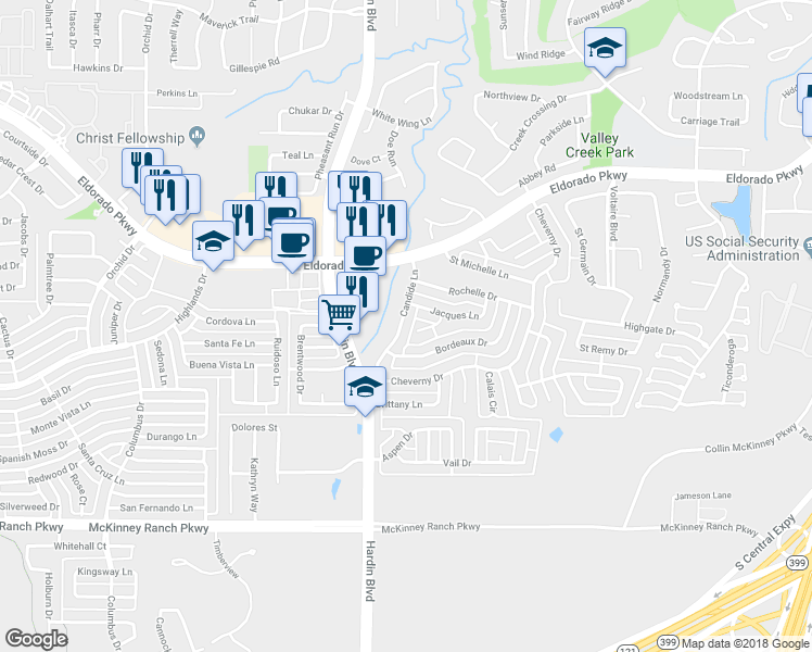 map of restaurants, bars, coffee shops, grocery stores, and more near 3107 Candide Lane in McKinney