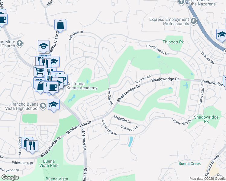 map of restaurants, bars, coffee shops, grocery stores, and more near 1985 Revere Court in Vista
