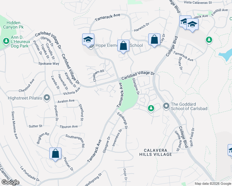 map of restaurants, bars, coffee shops, grocery stores, and more near 2840 Hillsboro Court in Carlsbad