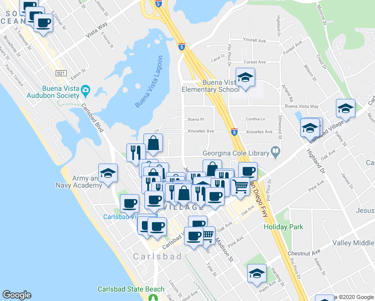 map of restaurants, bars, coffee shops, grocery stores, and more near 2720 Jefferson Street in Carlsbad