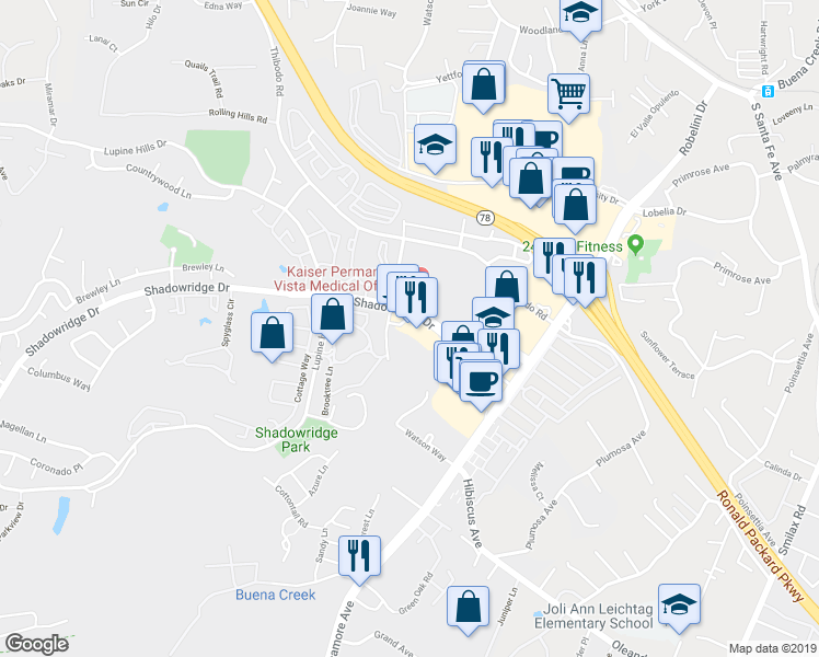 map of restaurants, bars, coffee shops, grocery stores, and more near 2260 Watson Way in Vista