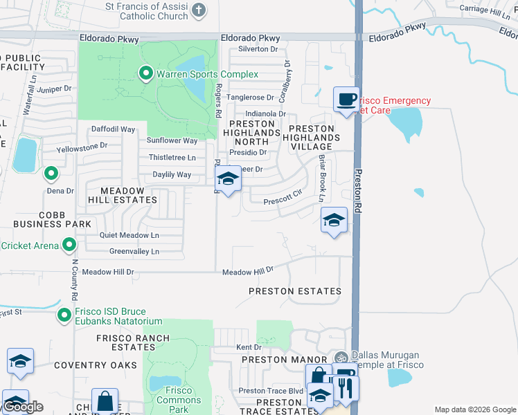 map of restaurants, bars, coffee shops, grocery stores, and more near 8407 Pinnacle Drive in Frisco