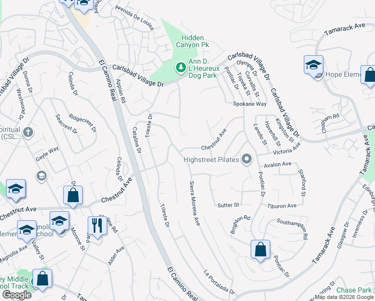 map of restaurants, bars, coffee shops, grocery stores, and more near 2610 Chestnut Avenue in Carlsbad