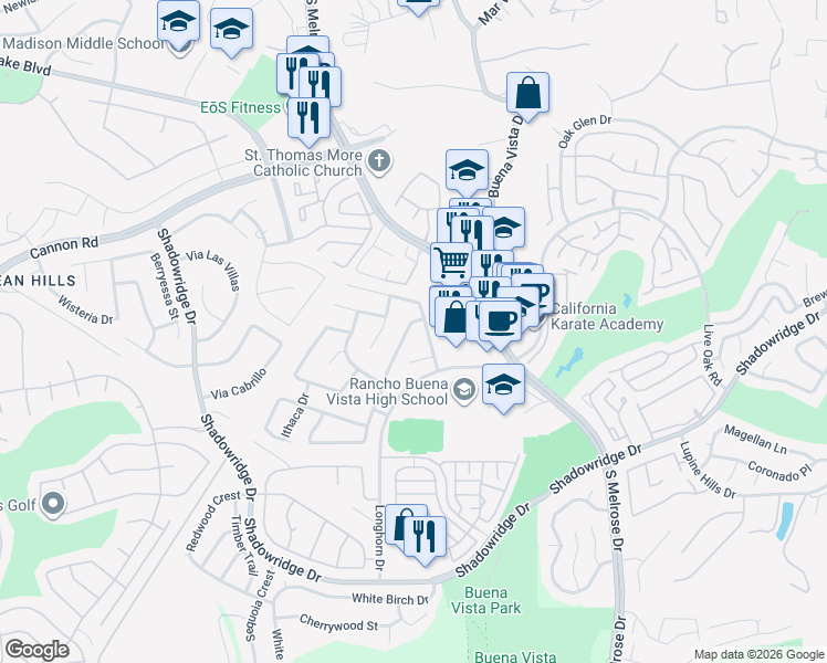 map of restaurants, bars, coffee shops, grocery stores, and more near 1710 Crystal Ridge Way in Vista