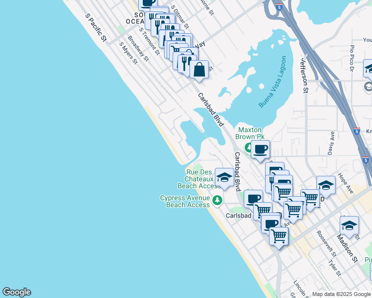 map of restaurants, bars, coffee shops, grocery stores, and more near 69 Saint Malo Beach in Oceanside