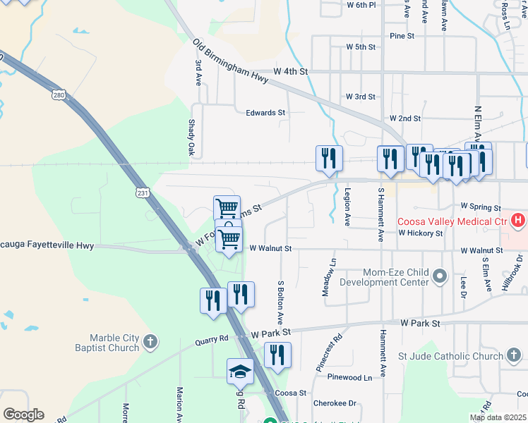 map of restaurants, bars, coffee shops, grocery stores, and more near 411 West Fort Williams Street in Sylacauga