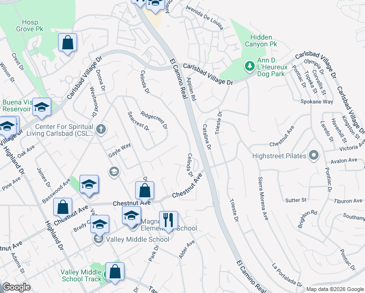 map of restaurants, bars, coffee shops, grocery stores, and more near 2266 Janis Way in Carlsbad