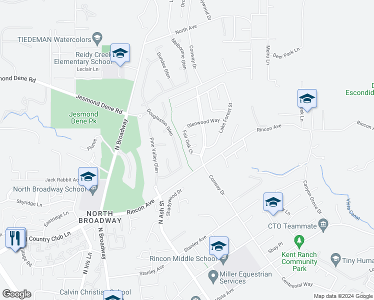 map of restaurants, bars, coffee shops, grocery stores, and more near 2319 Fair Oak Court in Escondido