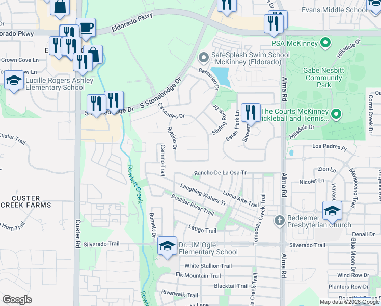 map of restaurants, bars, coffee shops, grocery stores, and more near 8009 Ravencliff Drive in McKinney