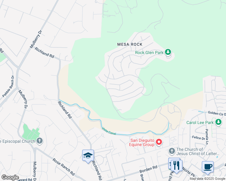 map of restaurants, bars, coffee shops, grocery stores, and more near 2491 Moonlight Glen in Escondido