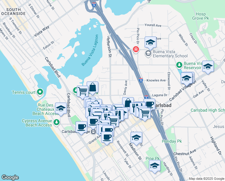 map of restaurants, bars, coffee shops, grocery stores, and more near 2664 Jefferson Street in Carlsbad