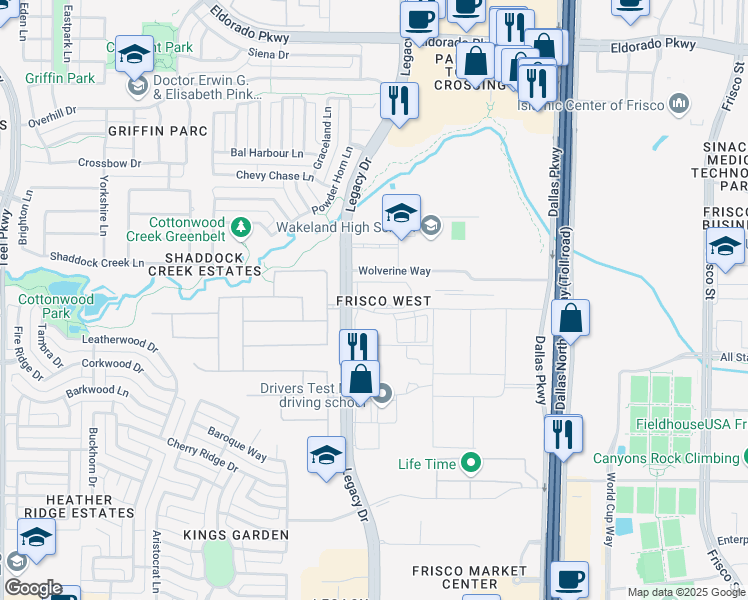 map of restaurants, bars, coffee shops, grocery stores, and more near 10588 Legacy Drive in Frisco