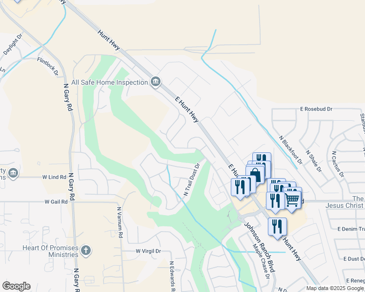 map of restaurants, bars, coffee shops, grocery stores, and more near 31659 Poncho Lane in Queen Creek