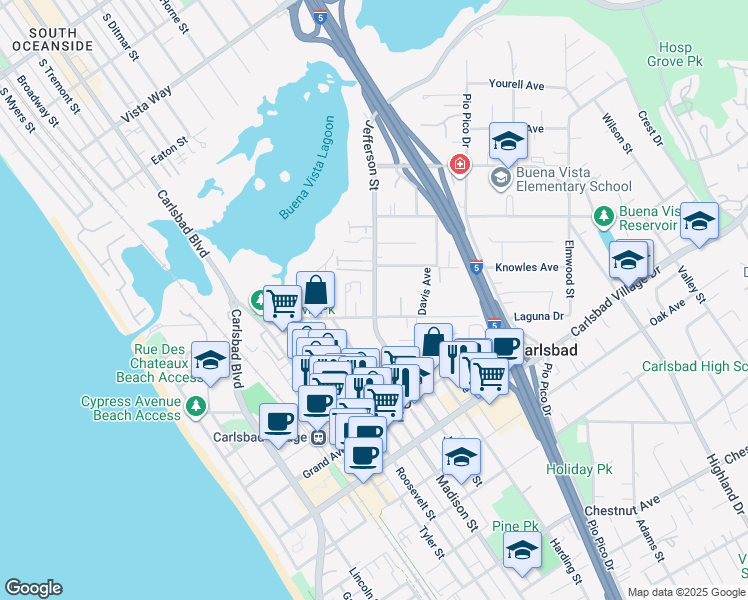 map of restaurants, bars, coffee shops, grocery stores, and more near Jefferson Street in Carlsbad