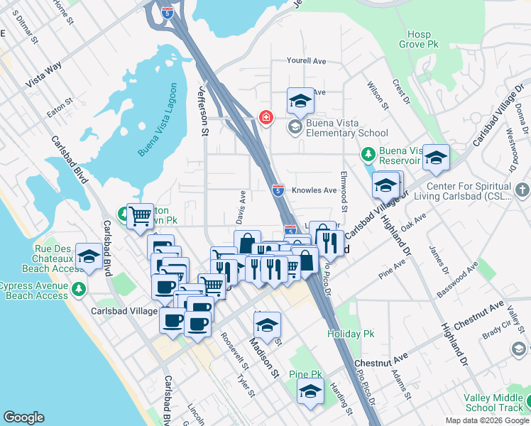 map of restaurants, bars, coffee shops, grocery stores, and more near 1088 Laguna Drive in Carlsbad