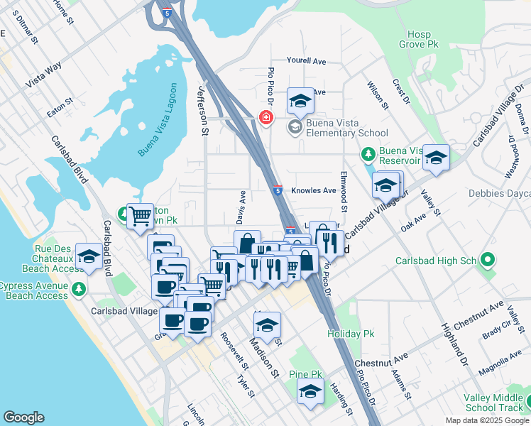 map of restaurants, bars, coffee shops, grocery stores, and more near 1088 Laguna Drive in Carlsbad