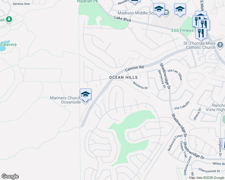 map of restaurants, bars, coffee shops, grocery stores, and more near 4627 Cordoba Way in Oceanside