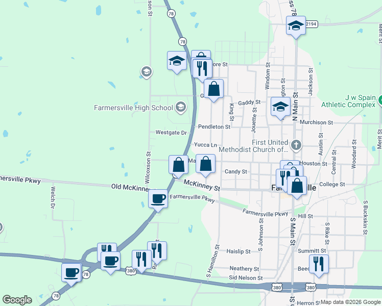 map of restaurants, bars, coffee shops, grocery stores, and more near in Farmersville