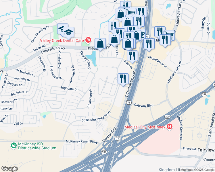 map of restaurants, bars, coffee shops, grocery stores, and more near 3400 Craig Drive in McKinney