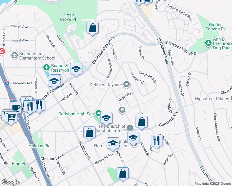 map of restaurants, bars, coffee shops, grocery stores, and more near 2015 Linda Lane in Carlsbad