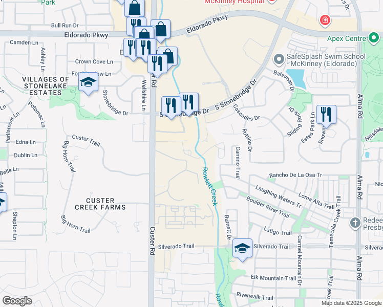 map of restaurants, bars, coffee shops, grocery stores, and more near 3701 Custer Road in McKinney
