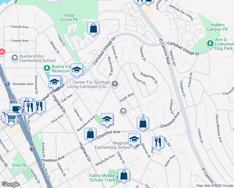 map of restaurants, bars, coffee shops, grocery stores, and more near 2015 Linda Lane in Carlsbad