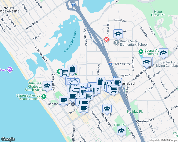 map of restaurants, bars, coffee shops, grocery stores, and more near 2652 Jefferson Street in Carlsbad