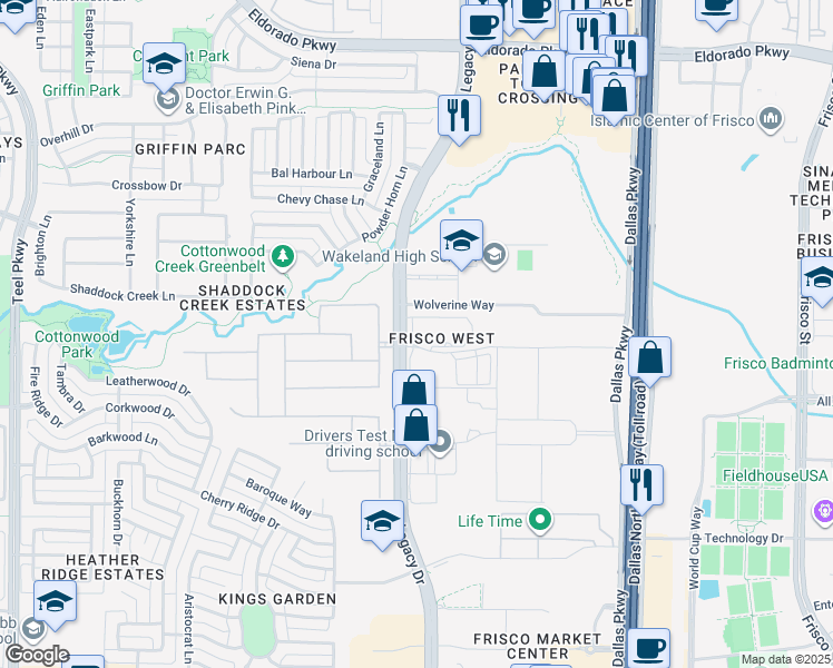 map of restaurants, bars, coffee shops, grocery stores, and more near 10588 Legacy Drive in Frisco