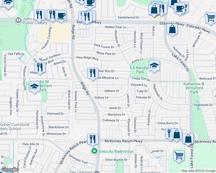 map of restaurants, bars, coffee shops, grocery stores, and more near 5912 Vineyard Lane in McKinney