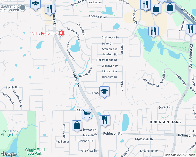 map of restaurants, bars, coffee shops, grocery stores, and more near 2600 Bissonet Drive in Denton