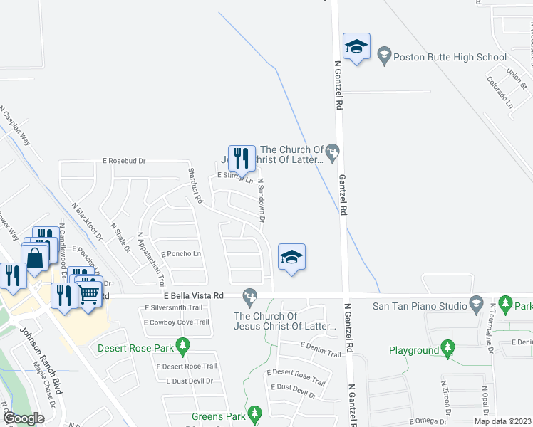 map of restaurants, bars, coffee shops, grocery stores, and more near 31569 North Sundown Drive in Queen Creek