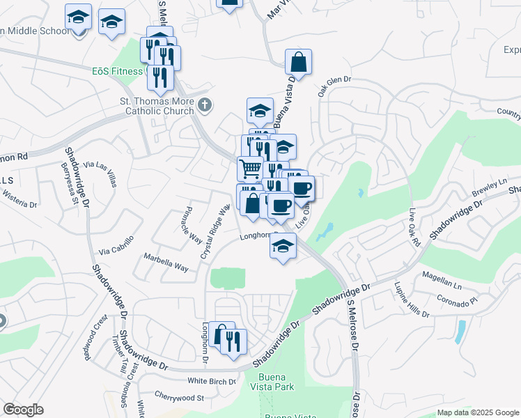map of restaurants, bars, coffee shops, grocery stores, and more near 1601 South Melrose Drive in Vista