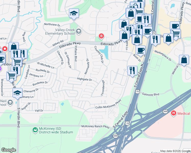 map of restaurants, bars, coffee shops, grocery stores, and more near 2601 West Point in McKinney